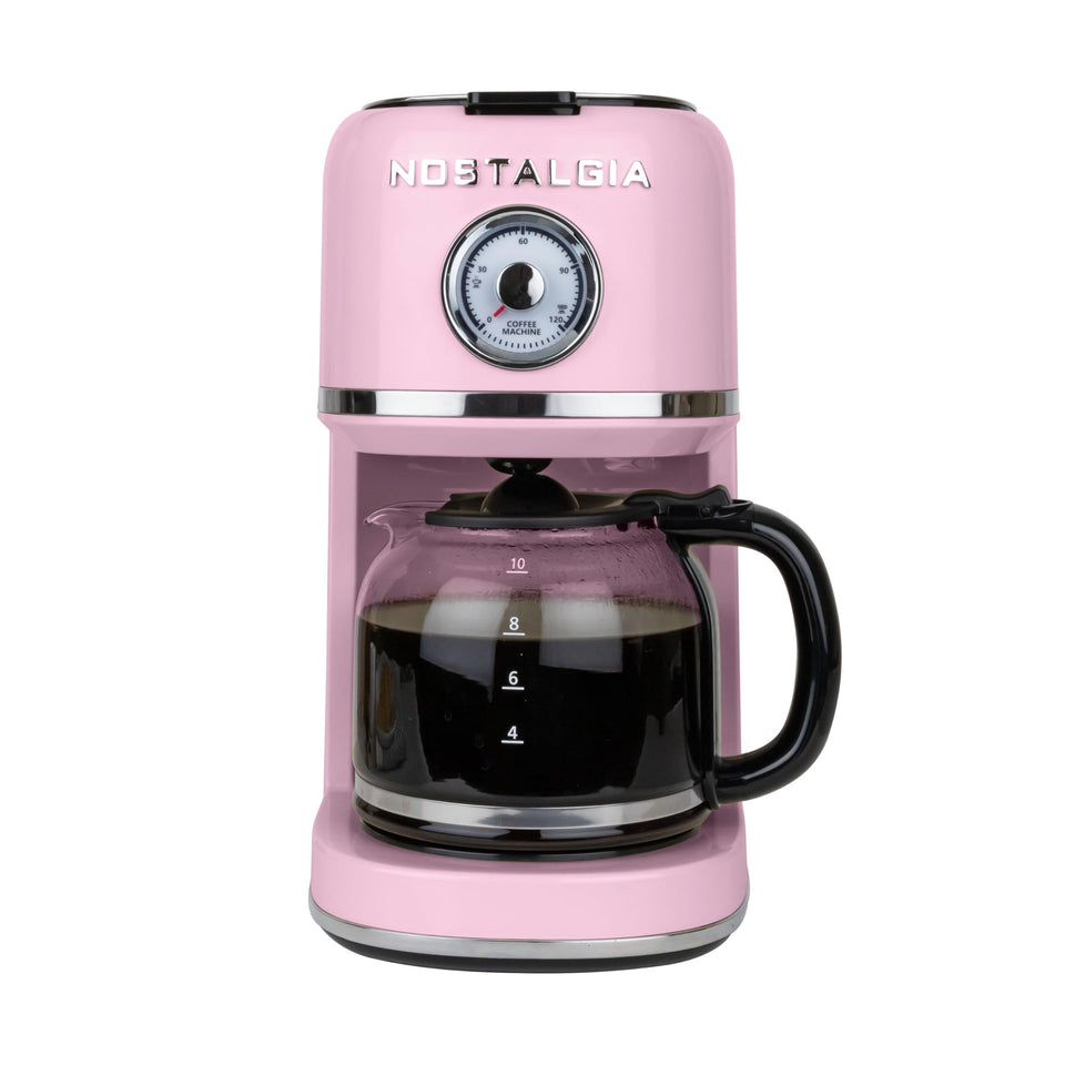 Nostalgia classic-retro-coffee-maker-10-cup shows 10-cup capacity for busy mornings.