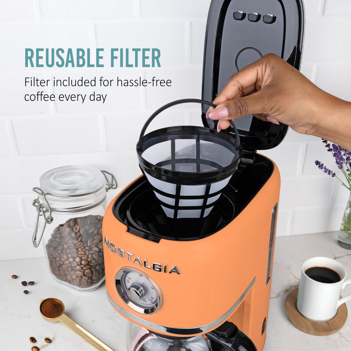 Nostalgia 50 oz carafe keeps coffee hot for longer.