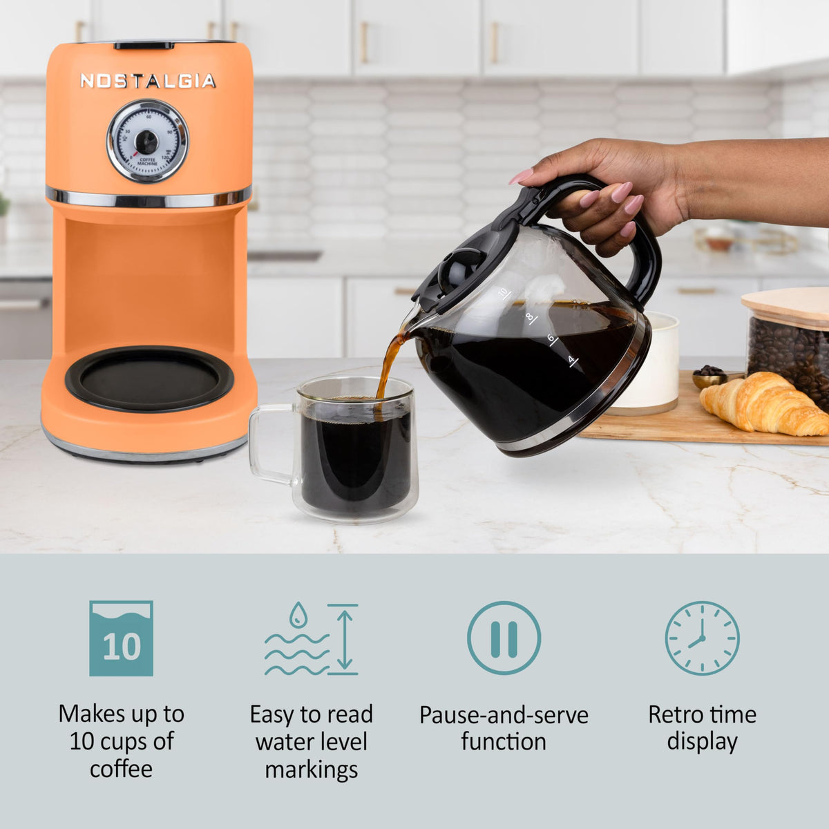 Nostalgia Classic Retro coffee maker with removable reusable filter for eco-friendly brews.