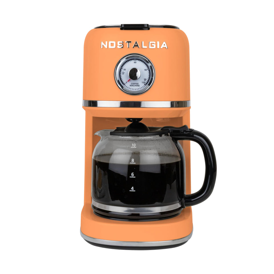Nostalgia Classic Retro coffee maker front view with quick one-button brewing for busy mornings.