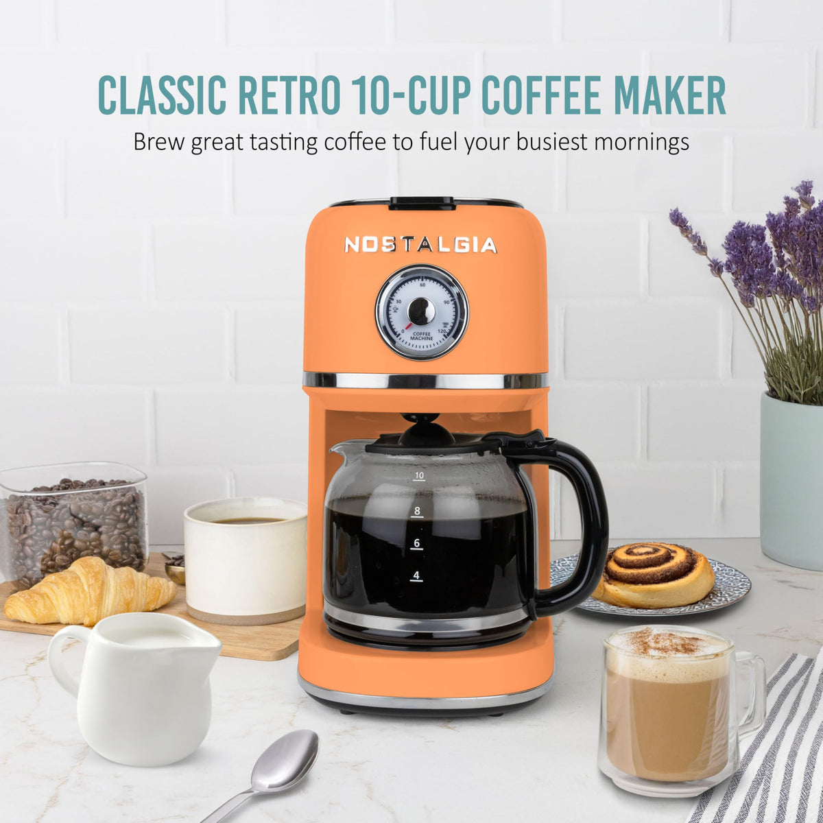 Nostalgia Classic Retro coffee maker with a visible water tank for easy filling.