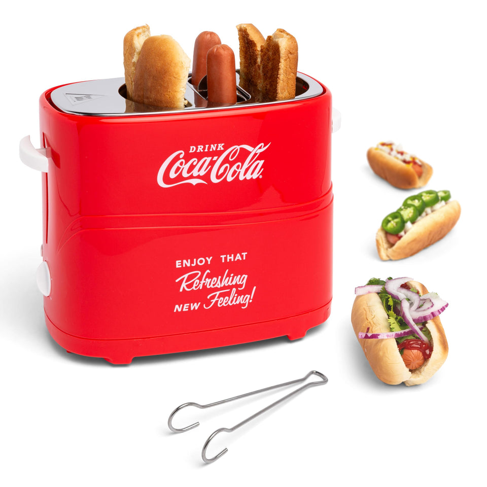 Nostalgia Coca-Cola hot dog toaster, front view, compact Coke red design.