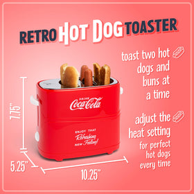 Nostalgia Coca-Cola hot dog toaster with two dogs and buns ready to serve.
