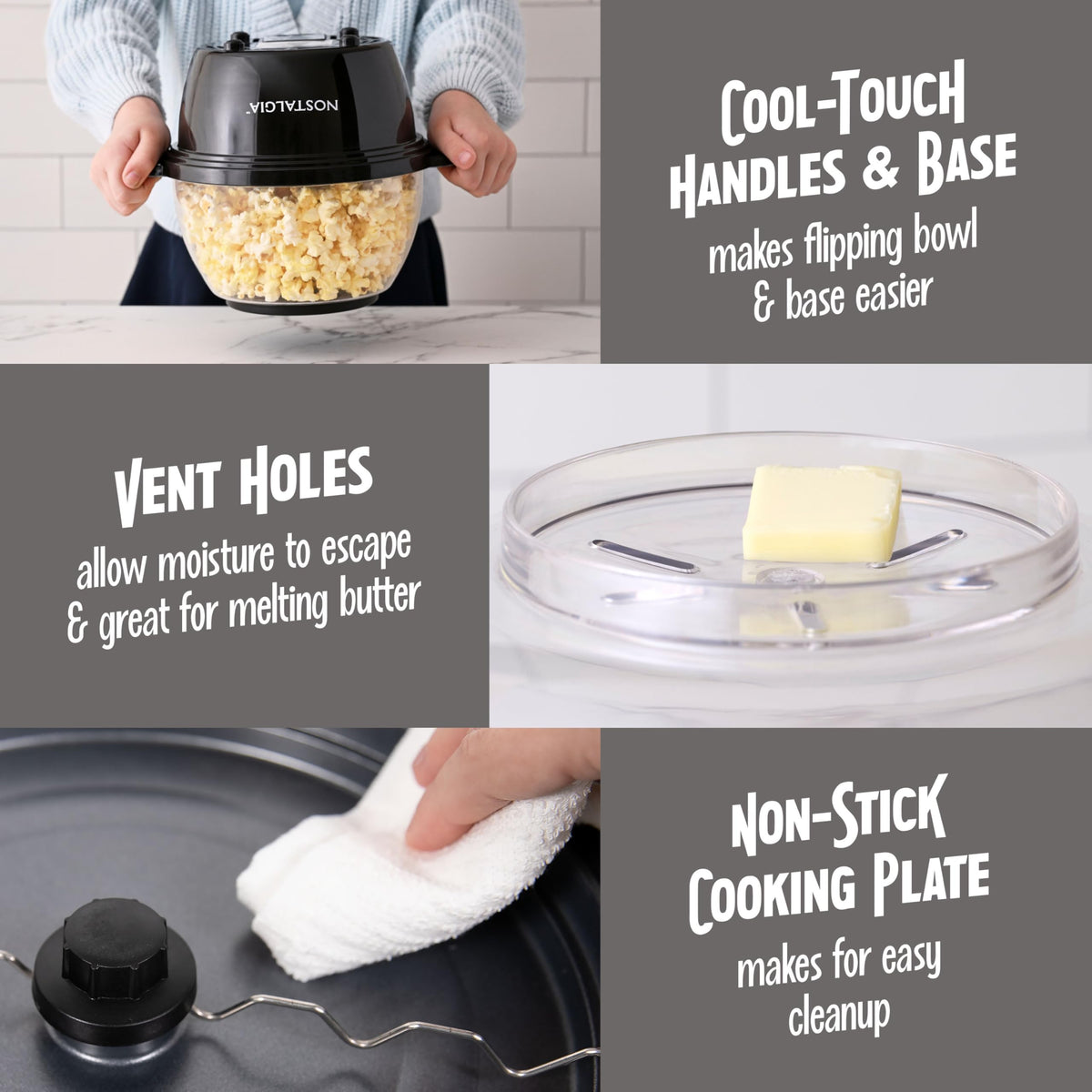 Nostalgia cool-touch handles enabling safe flipping and serving.