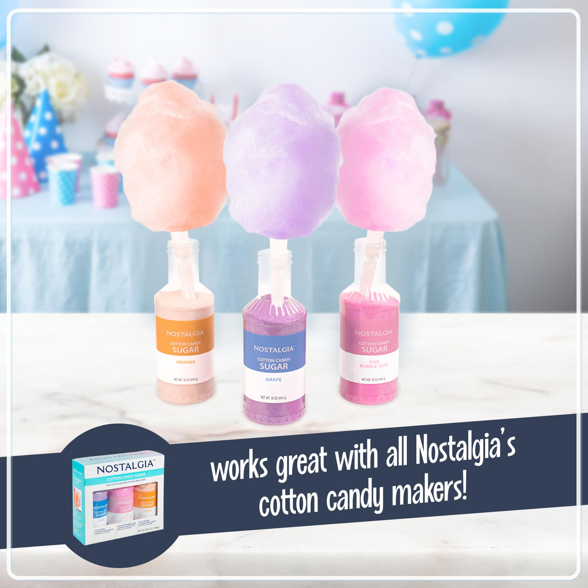 Family-friendly Nostalgia cotton candy setup in a home kitchen.