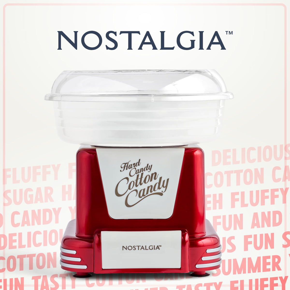 Machine shown with compatible Nostalgia cotton candy kits for flavor variety.
