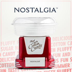 Machine shown with compatible Nostalgia cotton candy kits for flavor variety.