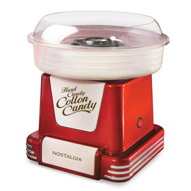 Nostalgia cotton candy machine front view with retro styling and clear rim guard.