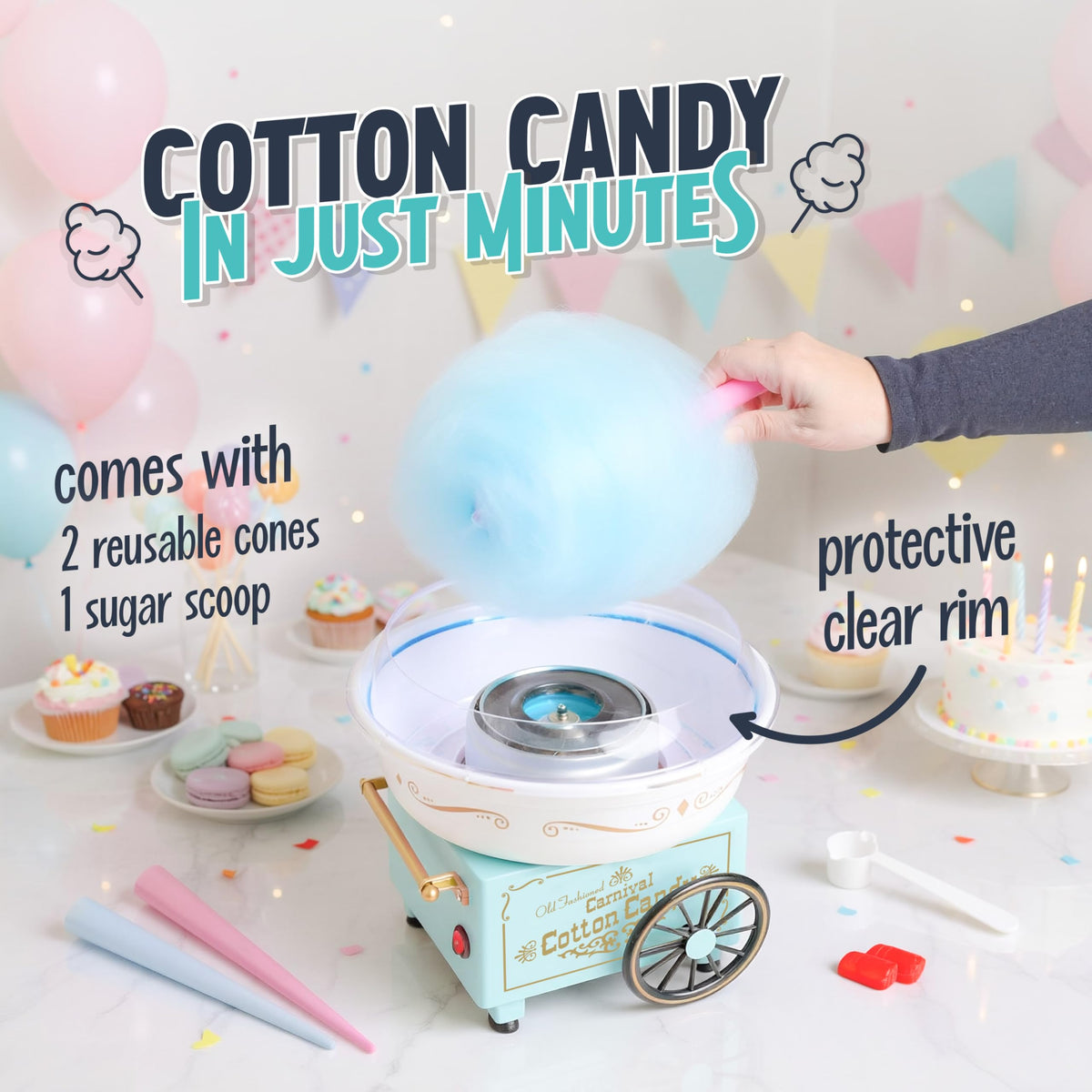 Nostalgia cotton candy maker with circus guard rim and clear viewing window