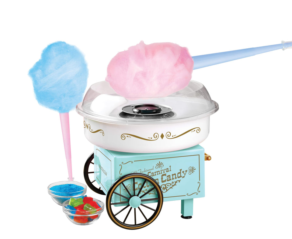 Nostalgia cotton candy maker front view with aqua finish for family treats