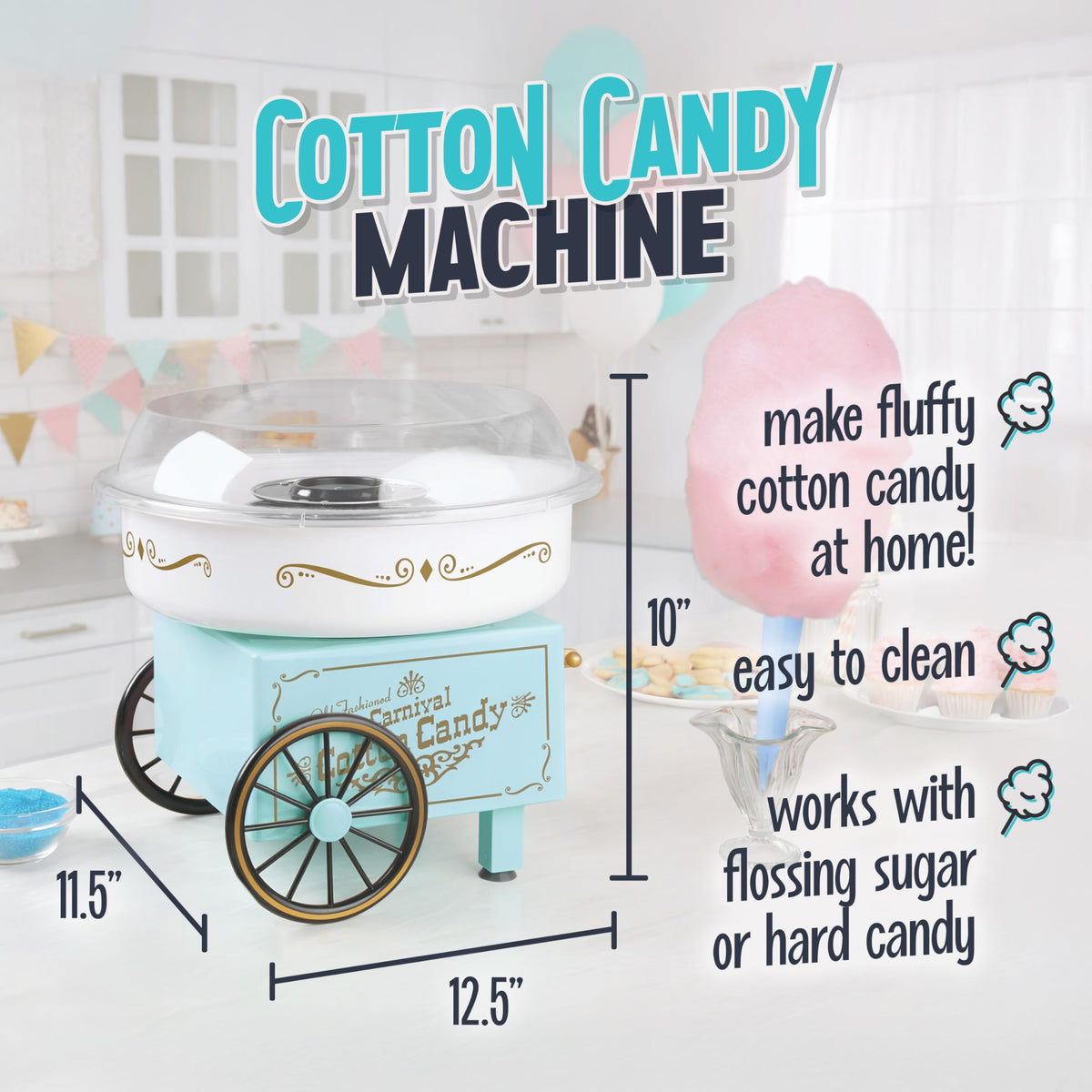 Nostalgia cotton candy maker side view showing compact countertop design