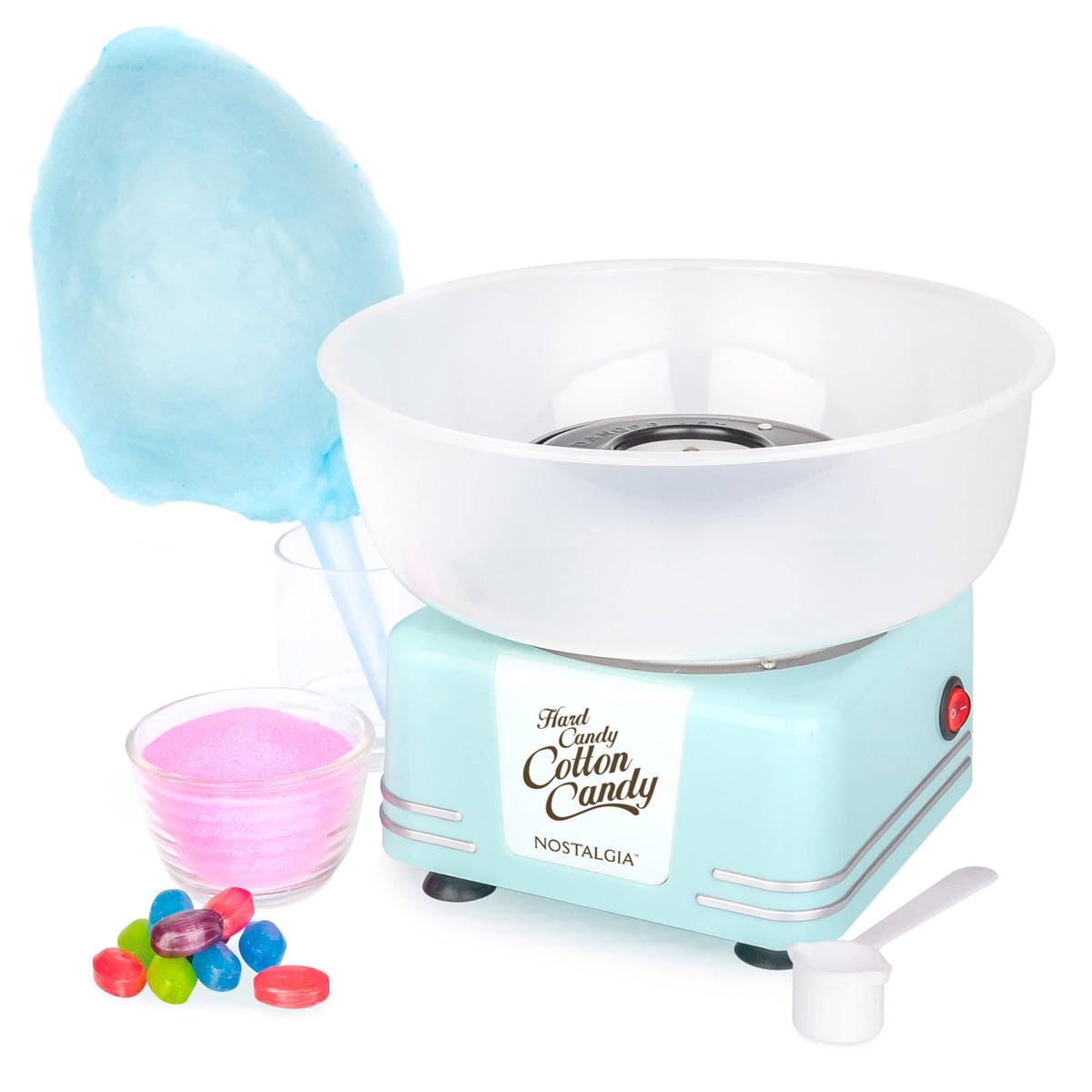 Nostalgia cotton candy machine front view on a home counter.