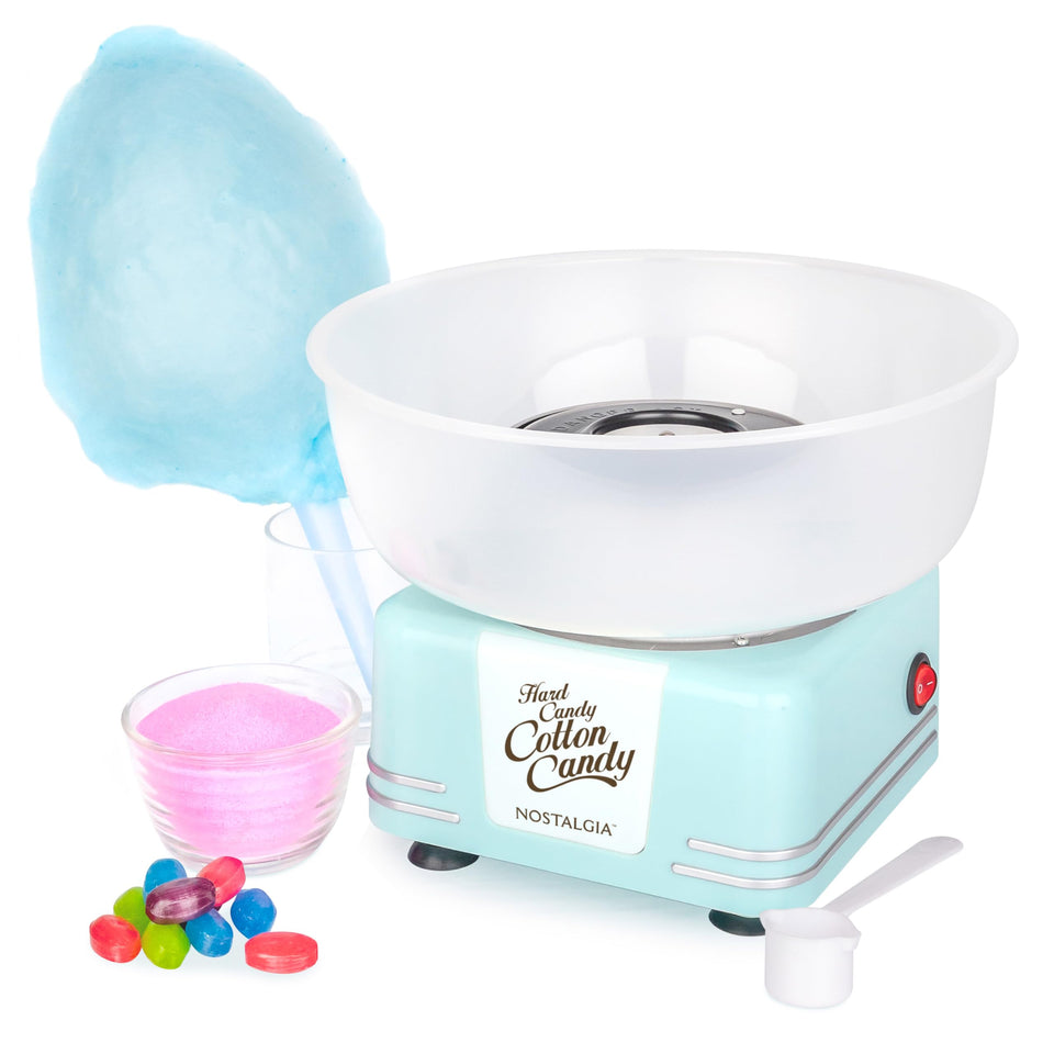 Nostalgia cotton candy machine front view on a home counter.