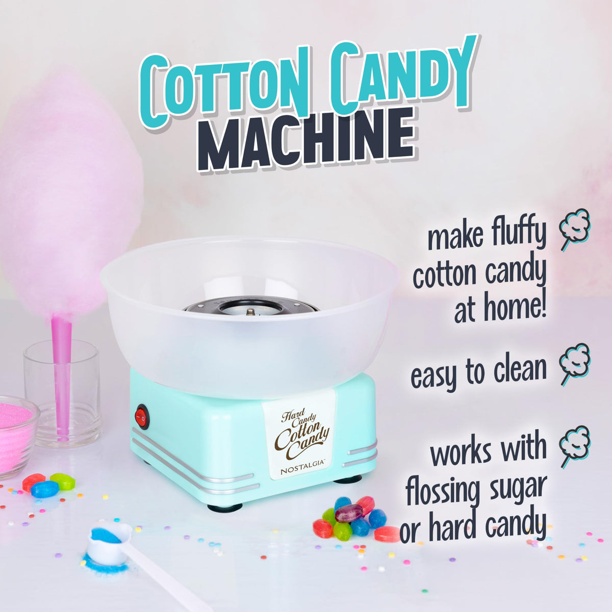 Nostalgia cotton candy machine in operation showing quick setup.