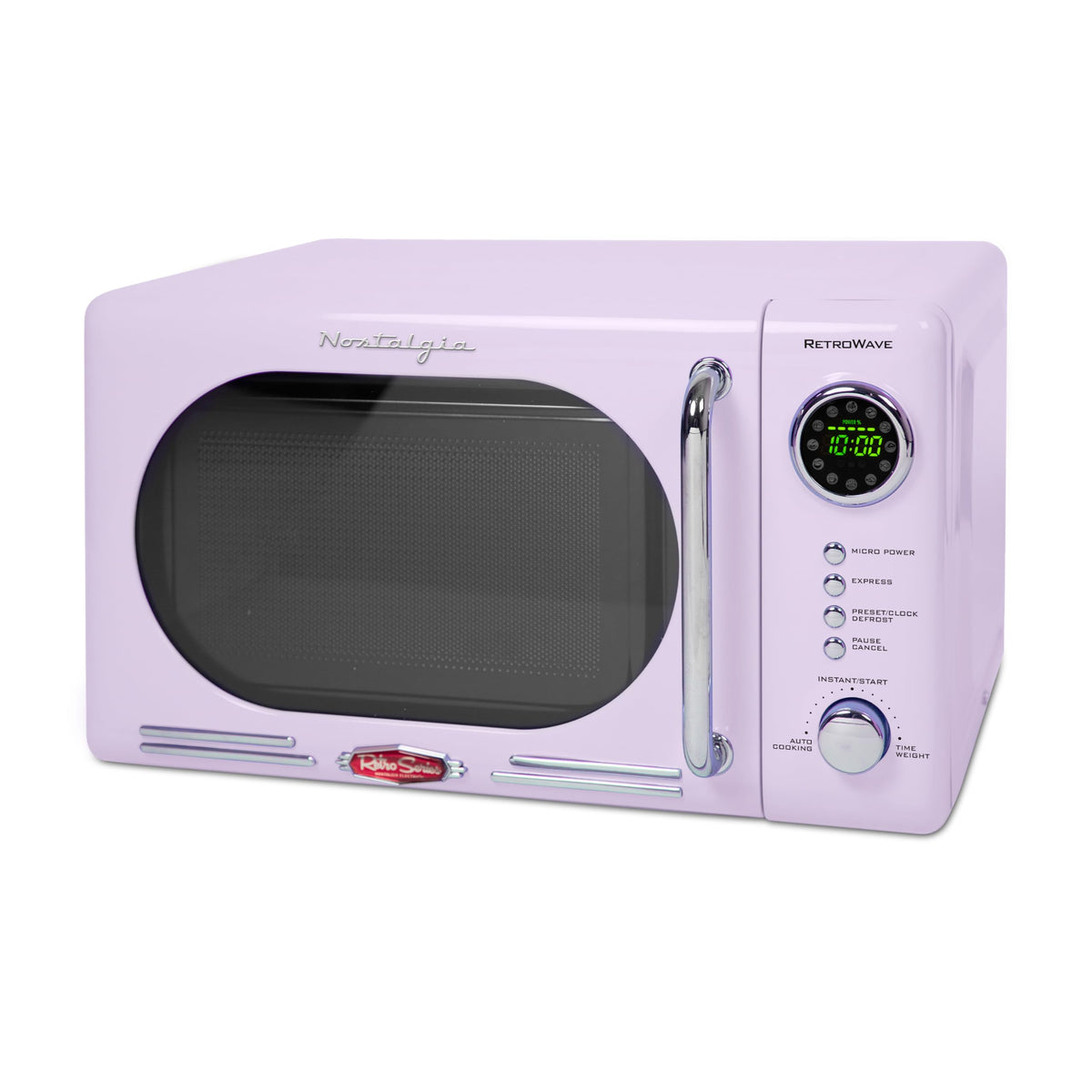 Nostalgia lavender countertop microwave front view, space-saving retro design for compact kitchens.