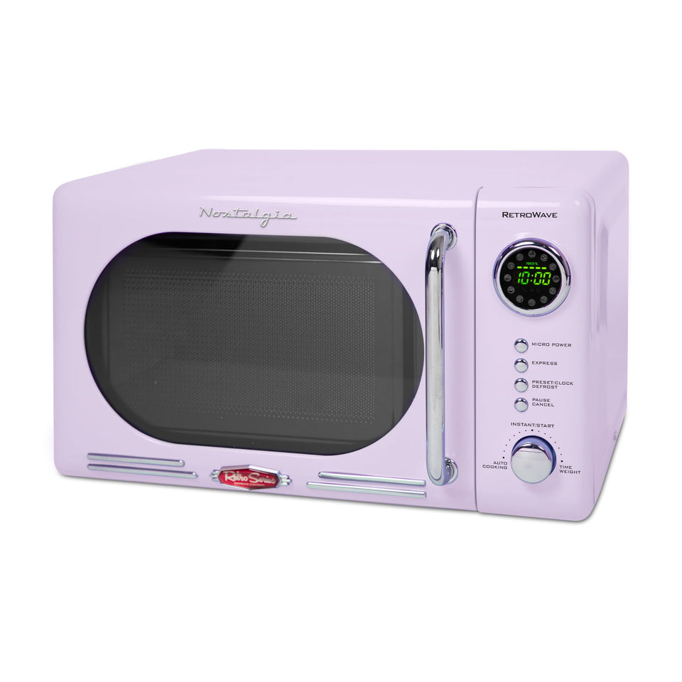 Nostalgia lavender countertop microwave front view, space-saving retro design for compact kitchens.