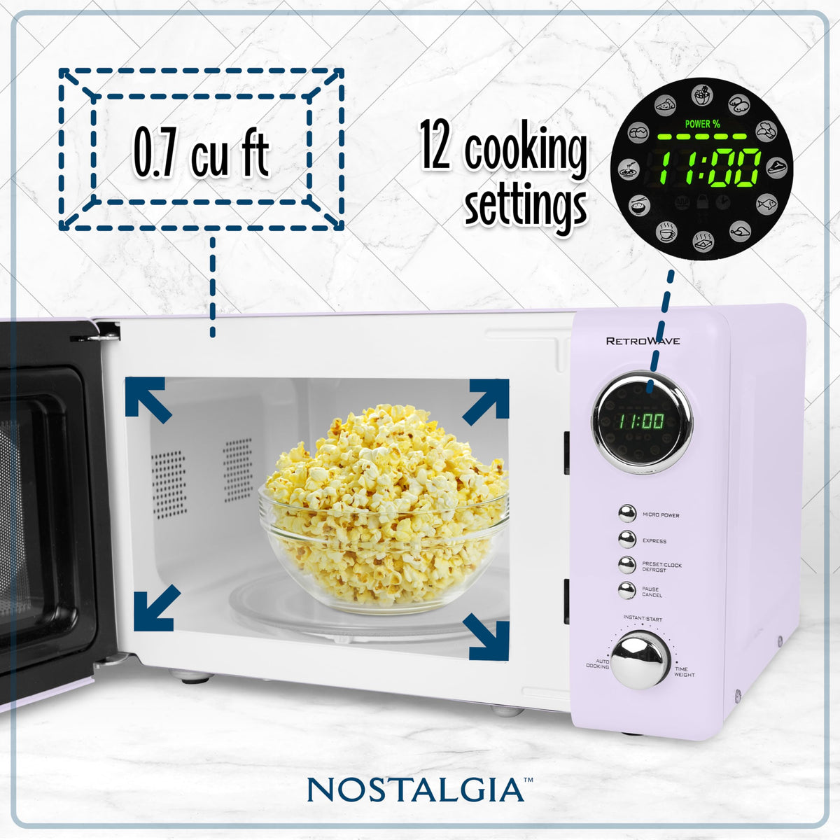 Nostalgia microwave LED display, clear controls for quick, precise heating.