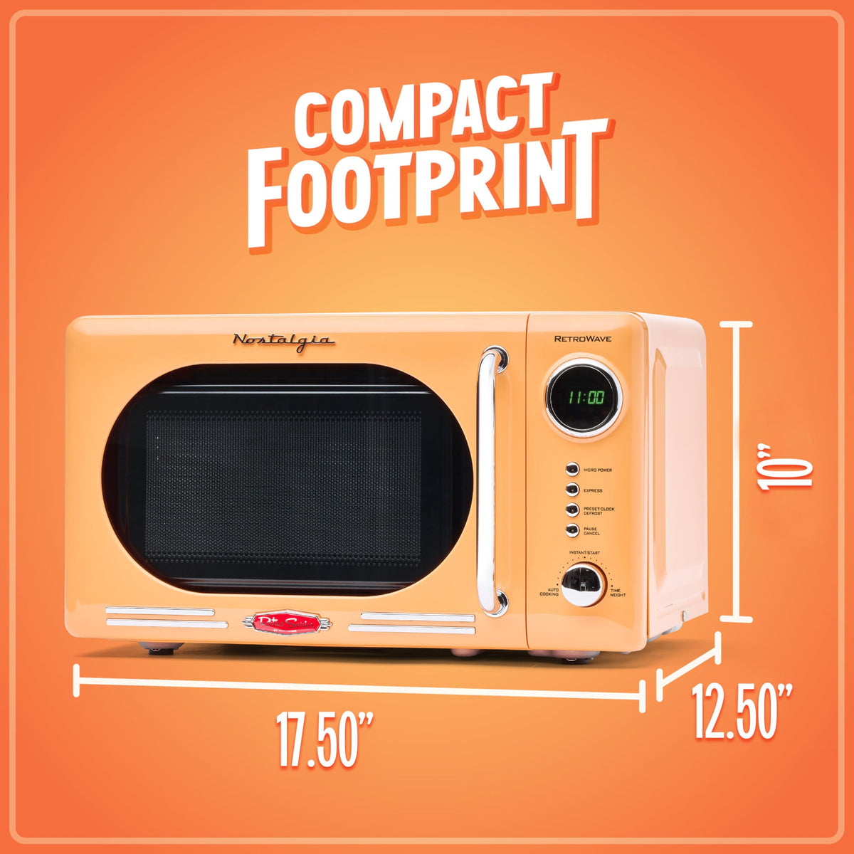 Nostalgia orange 12-program settings simplify quick meals and reheating.