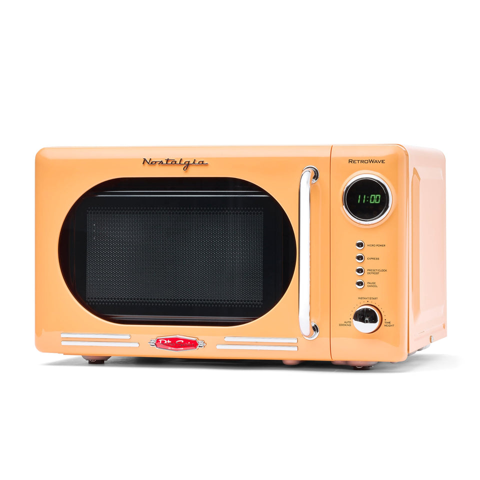 Nostalgia orange front view microwave with LED display for easy operation.