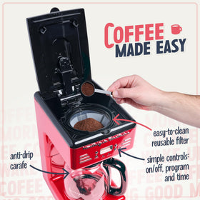 Nostalgia delay timer coffee maker demonstrates pre-brew scheduling convenience.