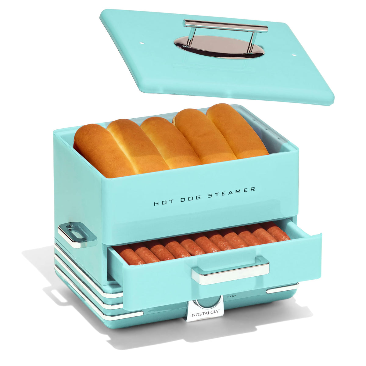 Nostalgia diner steamer with 20 hot dogs and 6 buns, ideal for quick family meals.