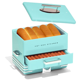 Nostalgia diner steamer with 20 hot dogs and 6 buns, ideal for quick family meals.