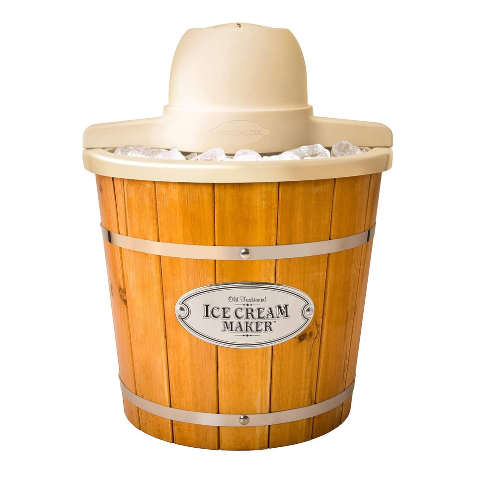 Nostalgia electric ice cream maker with 4 qt capacity, ideal for family gatherings.