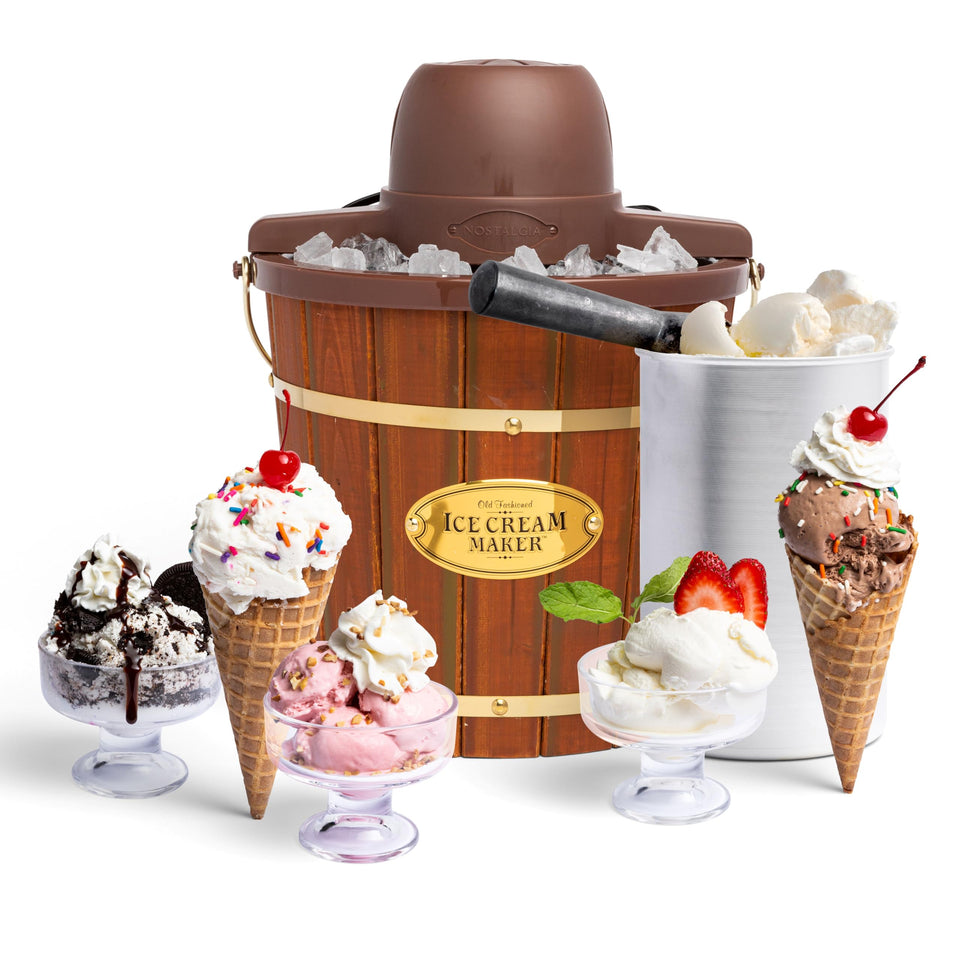 Nostalgia electric ice cream maker in dark wood finish ready for quick family desserts.
