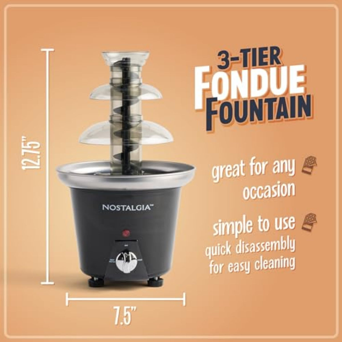 Nostalgia fondue fountain chocolate flow close-up shows smooth, inviting dipping.