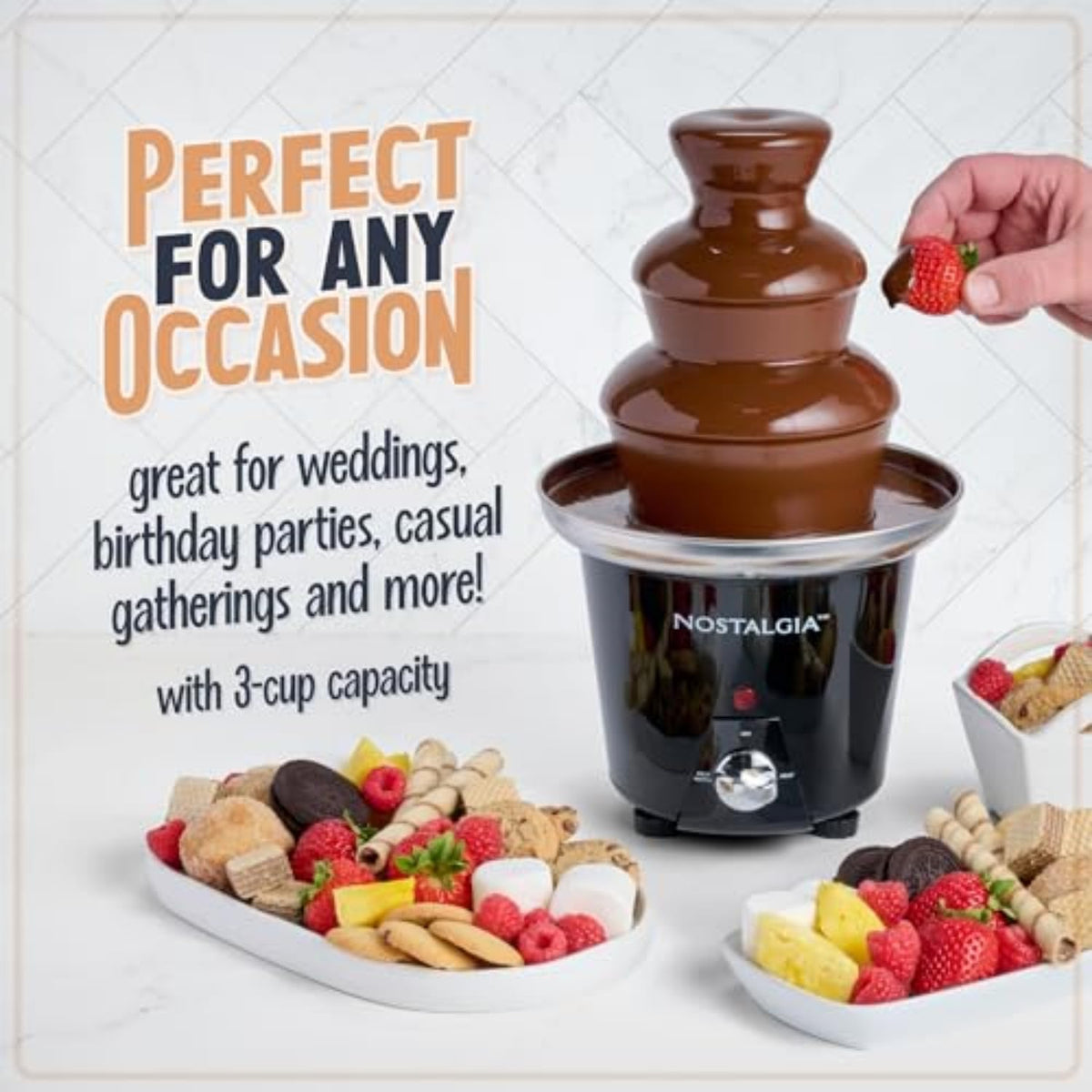 Nostalgia fondue fountain on party table facilitates quick, crowd-friendly tastings.