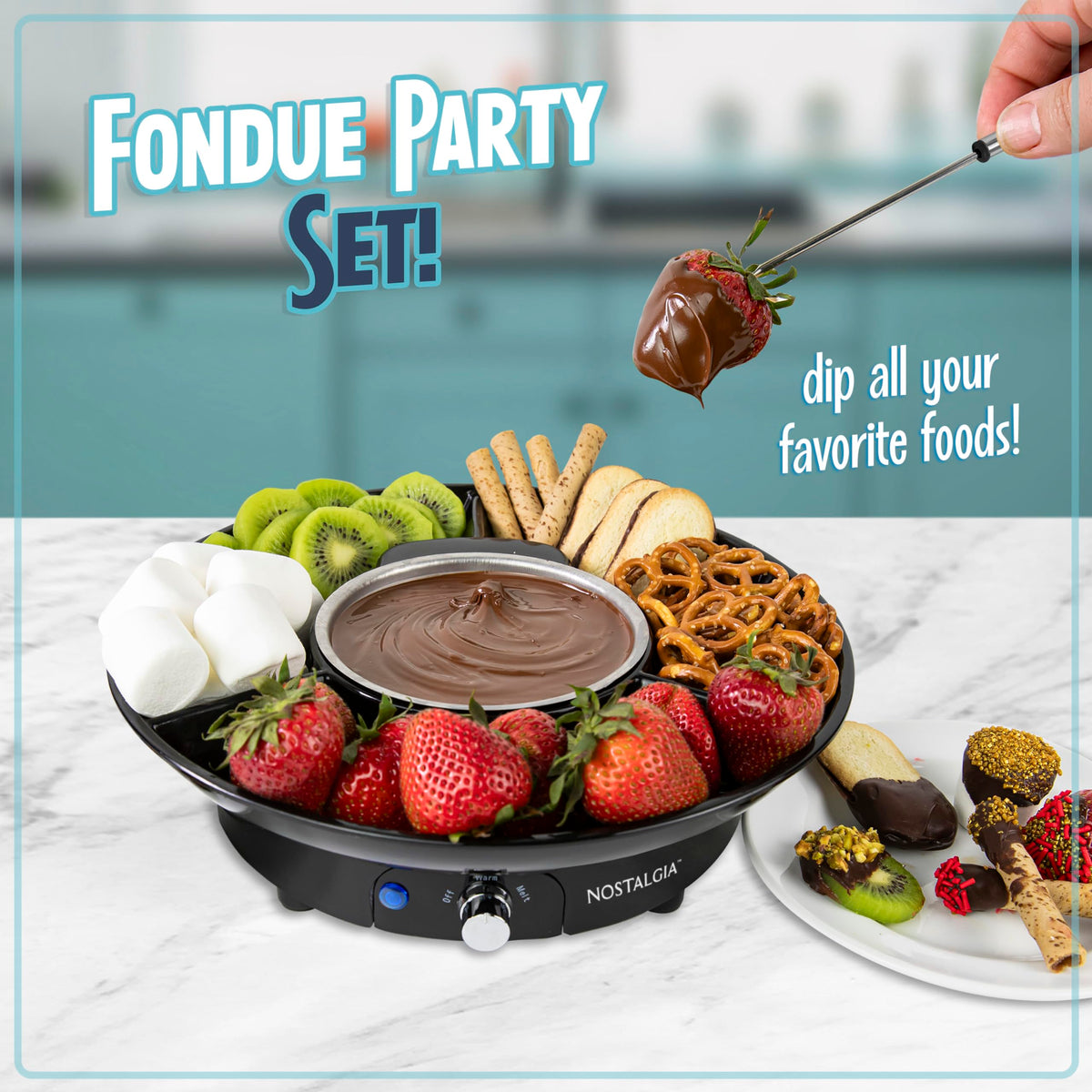 Nostalgia fondue pot dipping setup with forks ready for sharing