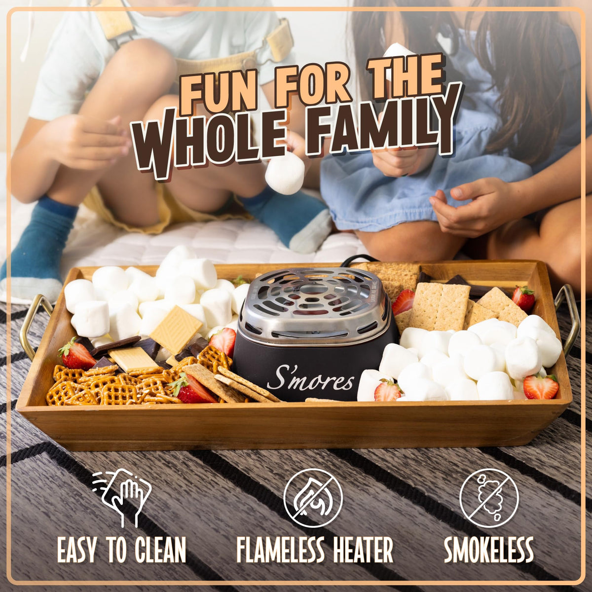 Nostalgia four-compartment smores trays organize marshmallows, chocolate, and graham crackers.