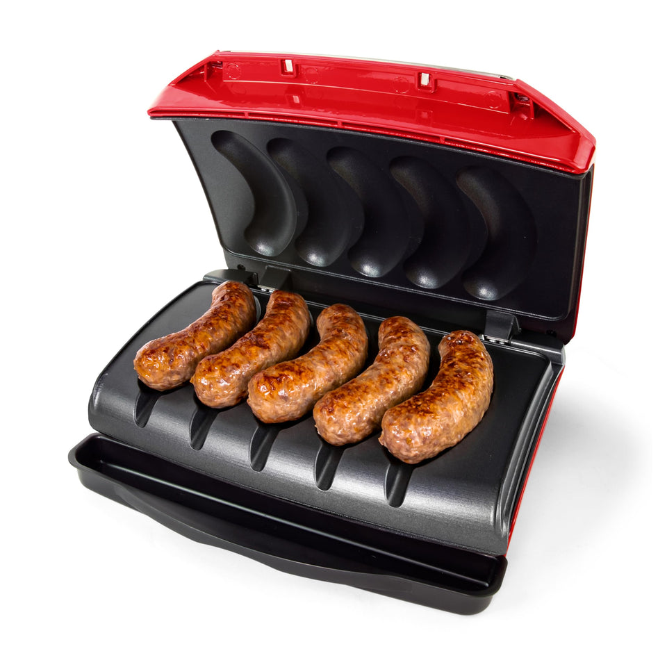 Nostalgia Game Day 5-Link Electric Grill cooking five sausages evenly.