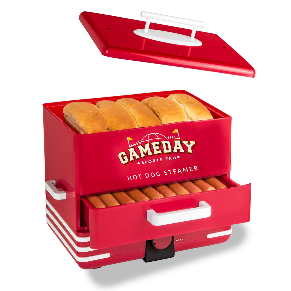 Nostalgia hot dog steamer front view ready to feed 20 dogs and 8 buns for crowds