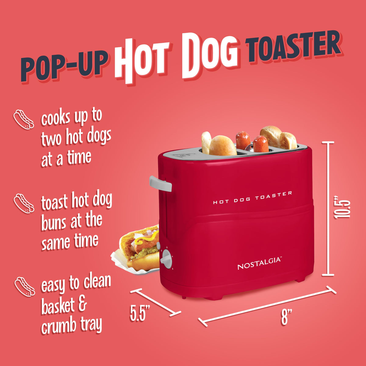 Two buns placed beside two hot dogs in the Nostalgia toaster