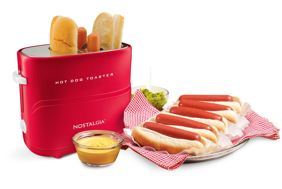 Nostalgia hot dog toaster with two hot dogs ready to toast for a quick meal