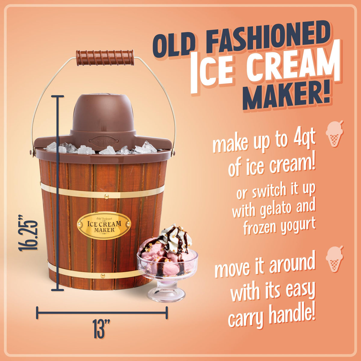 Nostalgia ice cream machine with aluminum canister and churning motor in action.