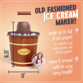 Nostalgia ice cream machine with aluminum canister and churning motor in action.