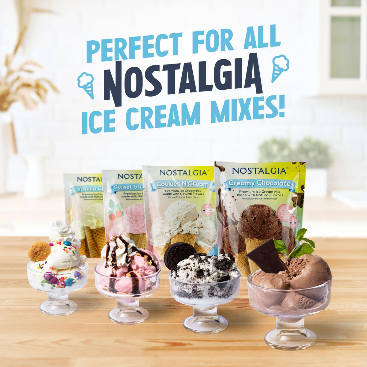 Nostalgia ice cream maker ready for add-ins like cookies or fruit.
