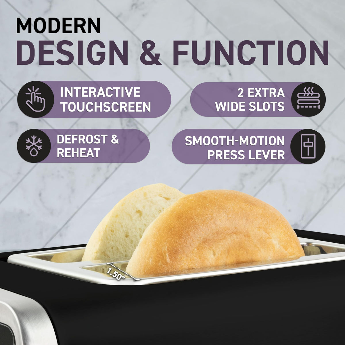 Nostalgia Inspirex toaster bread types display shows versatile toasting for bread, bagels, waffles.