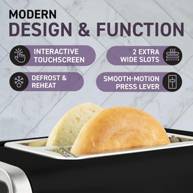 Nostalgia Inspirex toaster bread types display shows versatile toasting for bread, bagels, waffles.