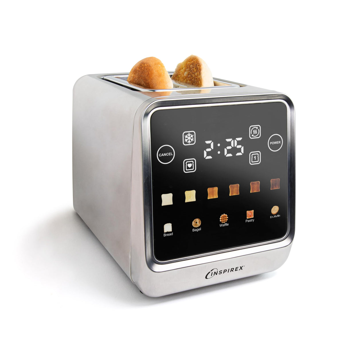 Nostalgia Inspirex toaster front view in stainless steel for a stylish breakfast setup
