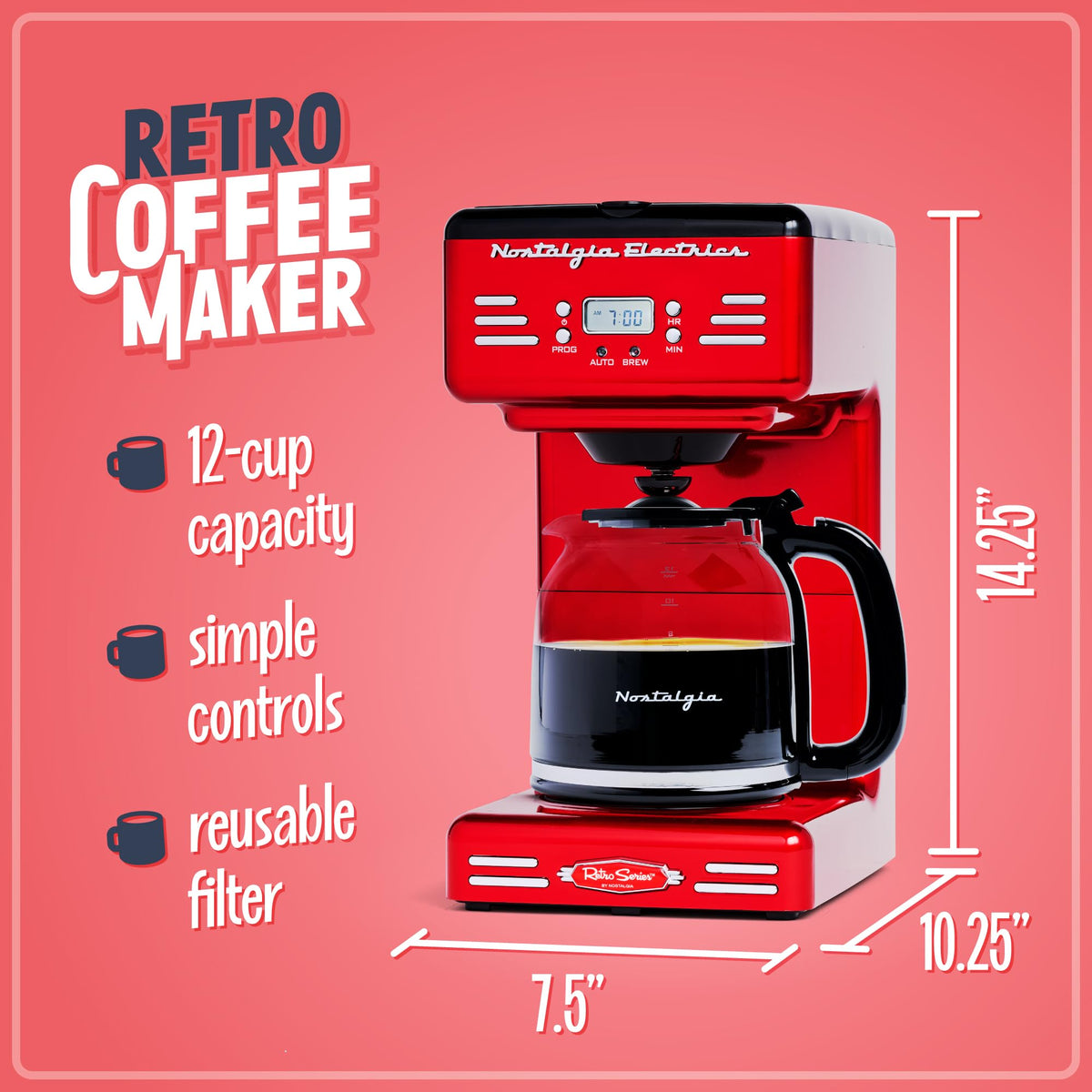 Nostalgia LED display coffee maker close-up shows clear status for quick brewing.