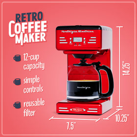 Nostalgia LED display coffee maker close-up shows clear status for quick brewing.