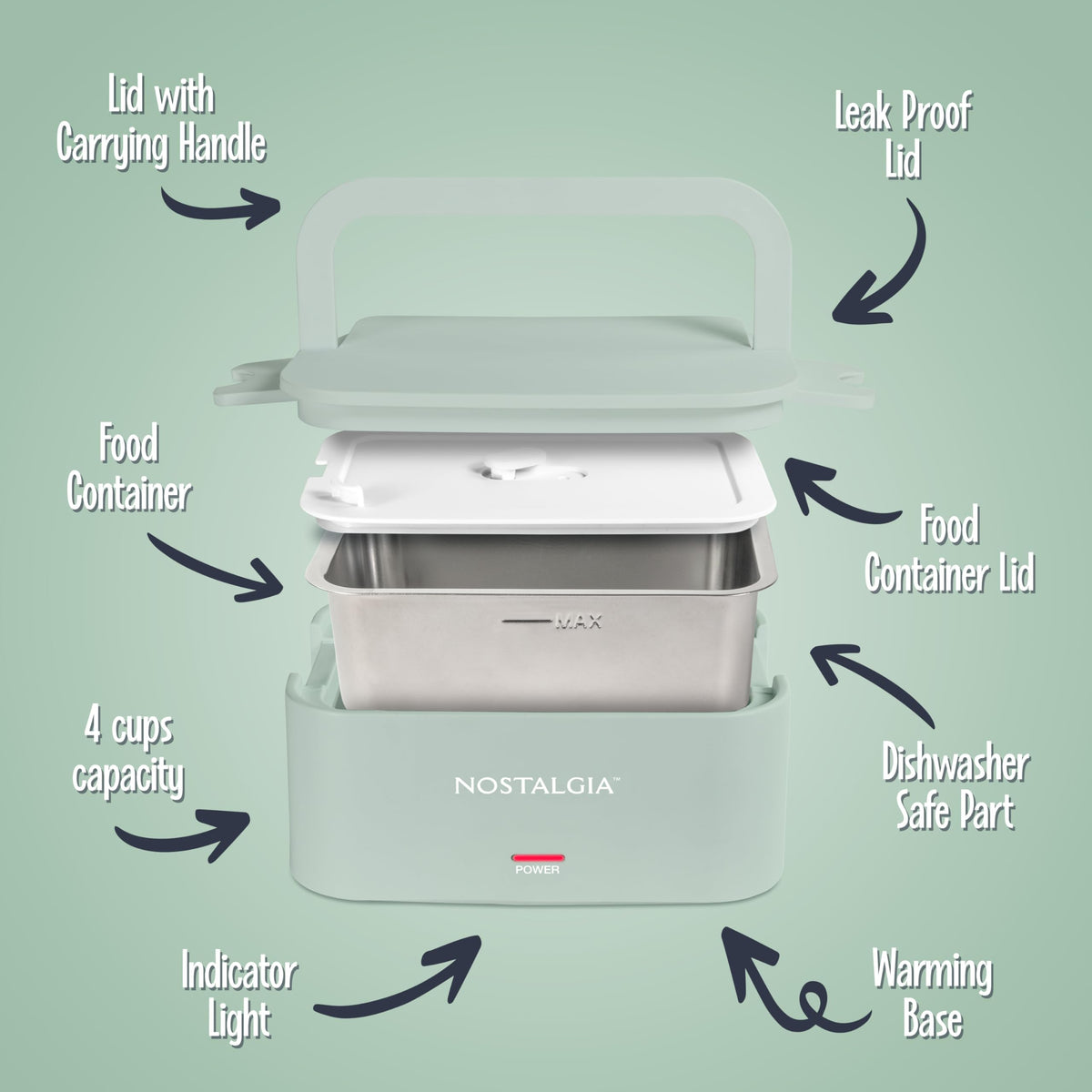 Nostalgia lunch box with foldable handle for convenient carrying on the go.