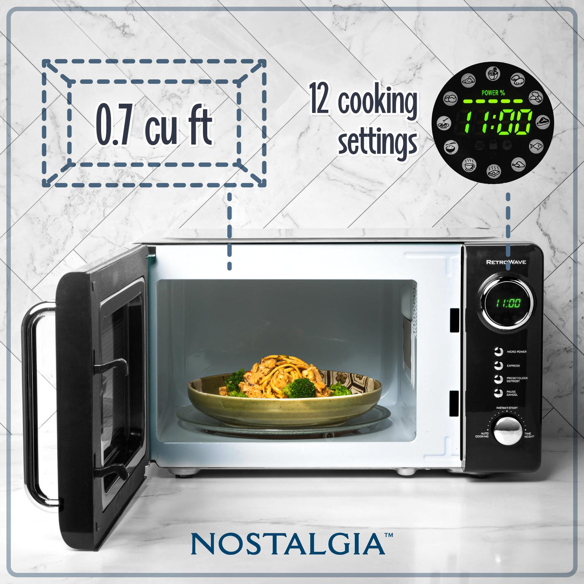 Nostalgia microwave digital display showing easy-to-read controls for quick operation.