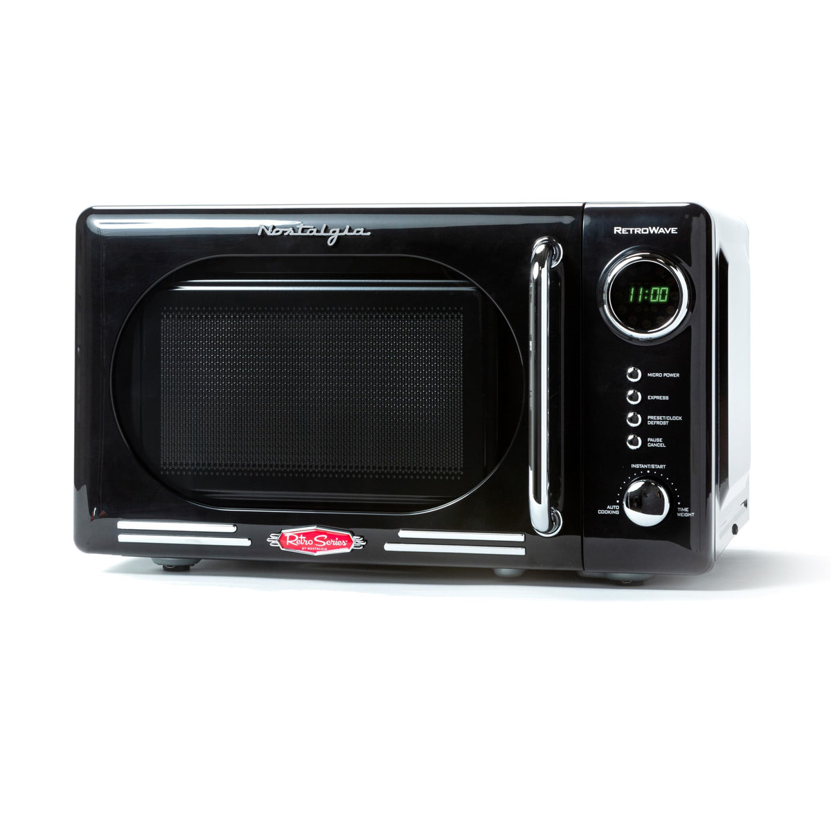 Nostalgia microwave front view with retro design, space-saving for small kitchens.