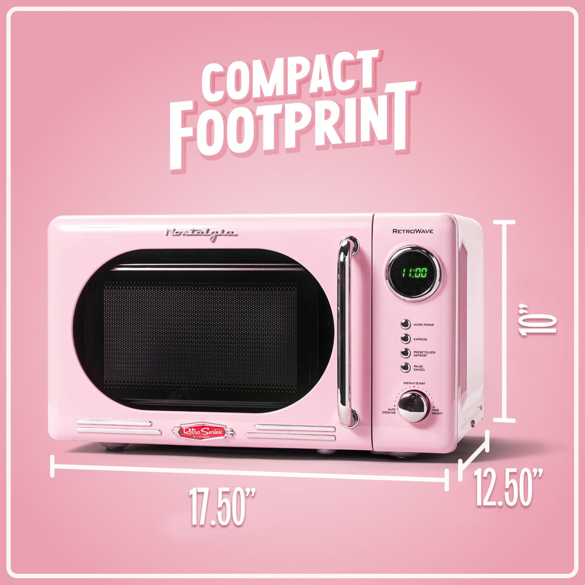 Nostalgia microwave pink controls and LED display for simple, safe operation.