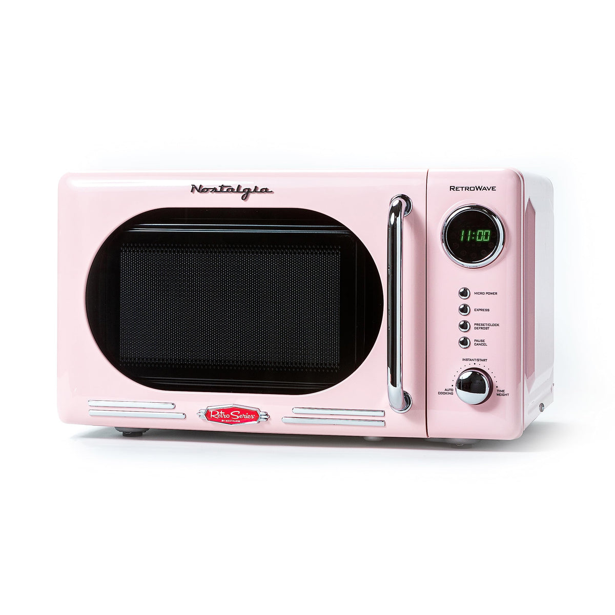 Nostalgia microwave pink front view showing retro style and compact footprint for small kitchens.
