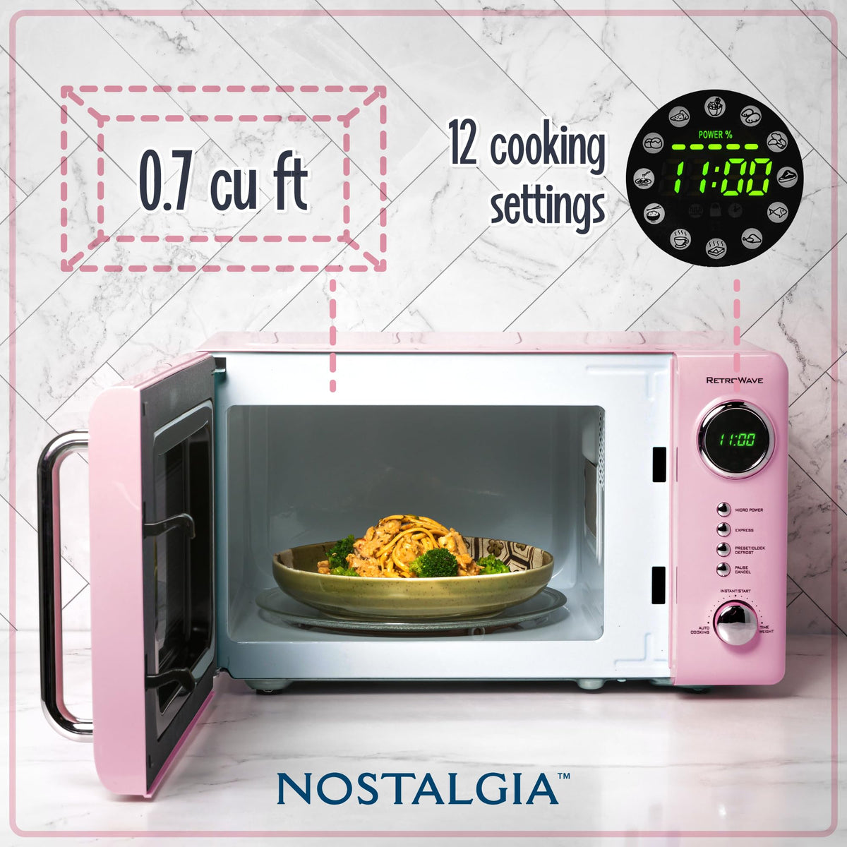 Nostalgia microwave pink LED display close-up highlights 12 pre-programmed settings.